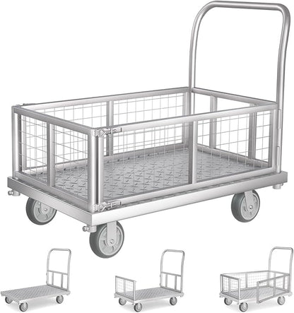 4-in-1 Platform Truck Cart with Cage, Multi-Purpose Heavy Duty Steel Flatbed Cart with 2200lbs Capacity Platform Hand Truck 6" Wheels Push Cart Dolly for Groceries, Garage, Warehouse (41“L x 24" W)