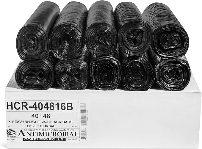 Aluf Plastics High Density Trash Bags, 45 Gallon, 250 Count, 16 Micron (eq), 40" x 48", Black, for Bathroom, Office, Industrial, Commercial, Janitorial, Municipal, Recycling