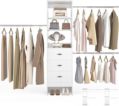 96'' Closet Organizer System with 3 Hanging Rods (Without 3 Storage Shelves), 8FT Closet Systems, Wall Mount Bedroom Wardrobe with 3 Wood Drawers, Adjustable Garment Rack from 5 to 8FT, White