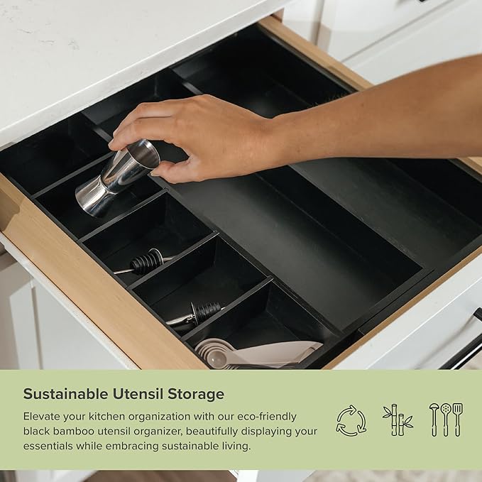 KitchenEdge Adjustable Kitchen Drawer Organizer for Utensils and Junk, Food-Safe Contract Grade with 100% Sustainable Wood, Expandable from 10.5 to 19 Inches Wide - Black Bamboo