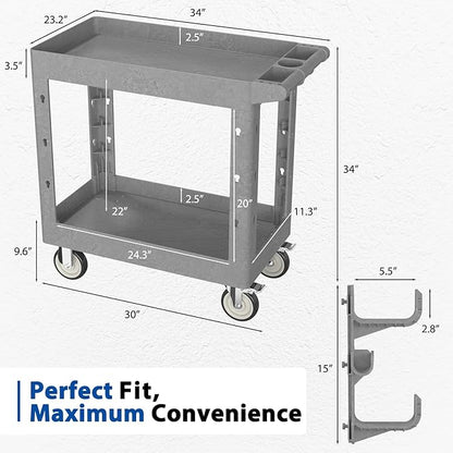 Heavy Duty Rolling Utility Cart with Wheels 2 Tier Utility Plastic Service Work Cart for Shop, Garage, Warehouse, Maintenance 550 lbs