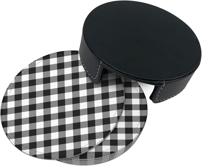 6 Pcs Black White Striped Plaid Leather Coasters