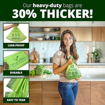 Simply Bio 3 Gallon Compostable Trash Bags Liners Drawstring, Heavy Duty Extra Thick 1 Mil, 11.36 Liter, 50 Bags, Small Kitchen Food Scrap Waste Bag, ASTM D6400, US BPI and OK Compost Home Certified