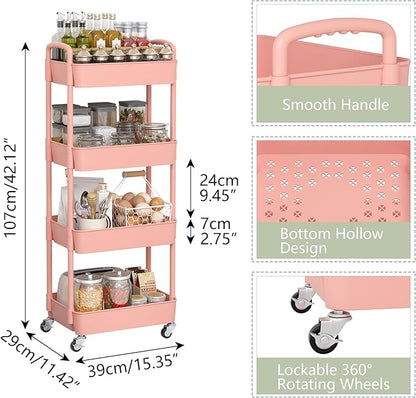 Sywhitta 4-Tier Plastic Rolling Utility Cart with Handle, Multi-Functional Storage Trolley for Office, Living Room, Kitchen, Movable Storage Organizer with Wheels, Pink