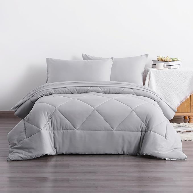 NTBAY Twin Comforter Set with Sheets, 5 Pieces Soft and Breathable Twin Bedding Set, Twin Bed in a Bag, Down Alternative Comforter Set Solid Color All Season, Kids Bedding Set, Light Grey