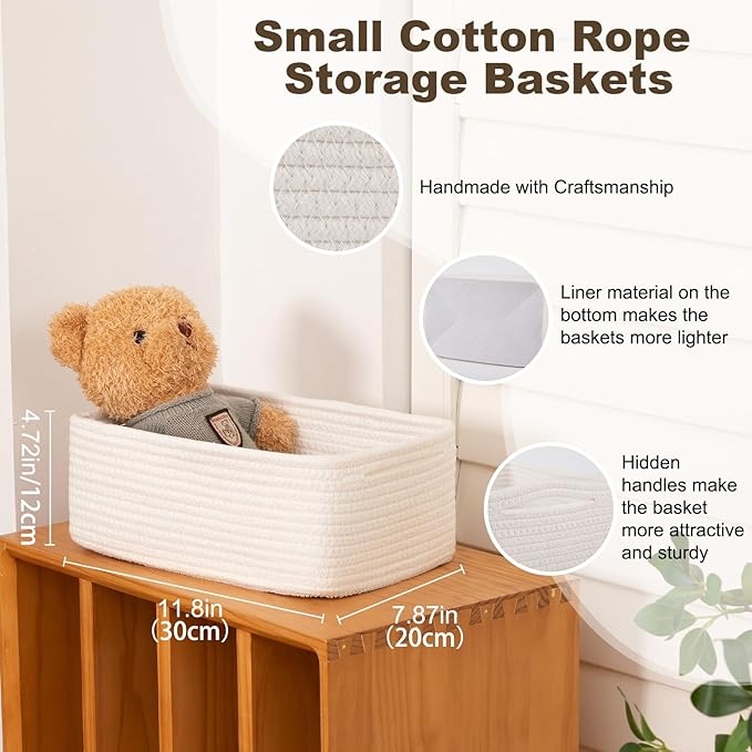 3 Pack Small Storage Baskets for Organizing, Cute Woven Decorative Gift Baskets for Shelves, Mini Closet Organizer Bins with Handles, 11.81''Lx7.87''Wx4.72''H-White