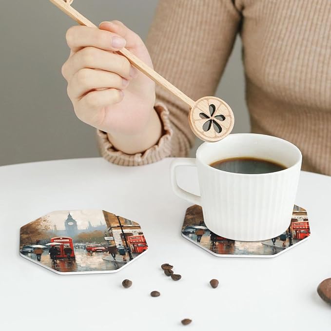 4Pcs Leather Coaster for Drinks London Impression Cup Coasters Aesthetic Drink