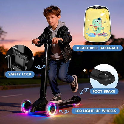 smilesun 4-in-1 Detachable Scooter Luggage for Kids & Teens – Hardside Ride-On Suitcase with Led Light Up Wheels, Dinosaur Design, Lightweight Foldable, Perfect Travel Gift for Boys(Yellow 22-inch)
