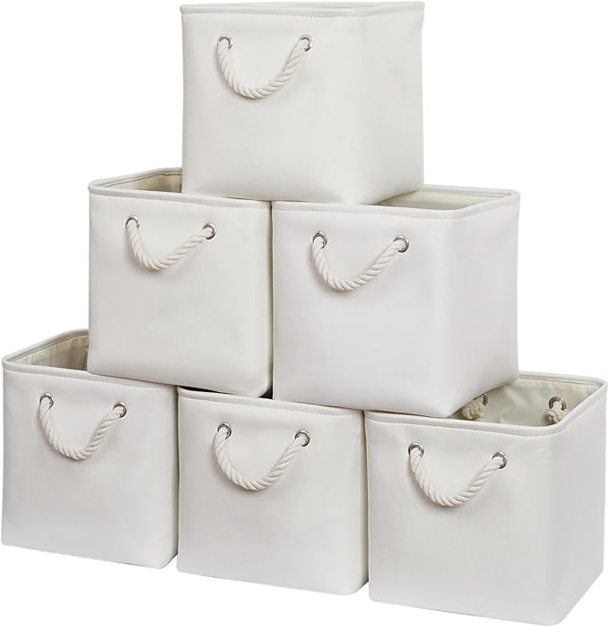 11 x 11 Inch Storage Cubes, 6 Pack Large Collapsible Fabric Storage Bin with Ropes, Foldable Storage Cubes for Home, Office,Closet, Clothes, Toys Organizer (White)