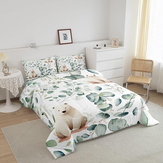 Erosebridal Boys Cartoon Animal King Bedding Sets for Kids Toddler Kawaii Polar Bear Comforter Set, Arctic Wildlife Duvet Insert White Green Down Comforter, Botanical Eucalyptus Bedding Comforter Sets