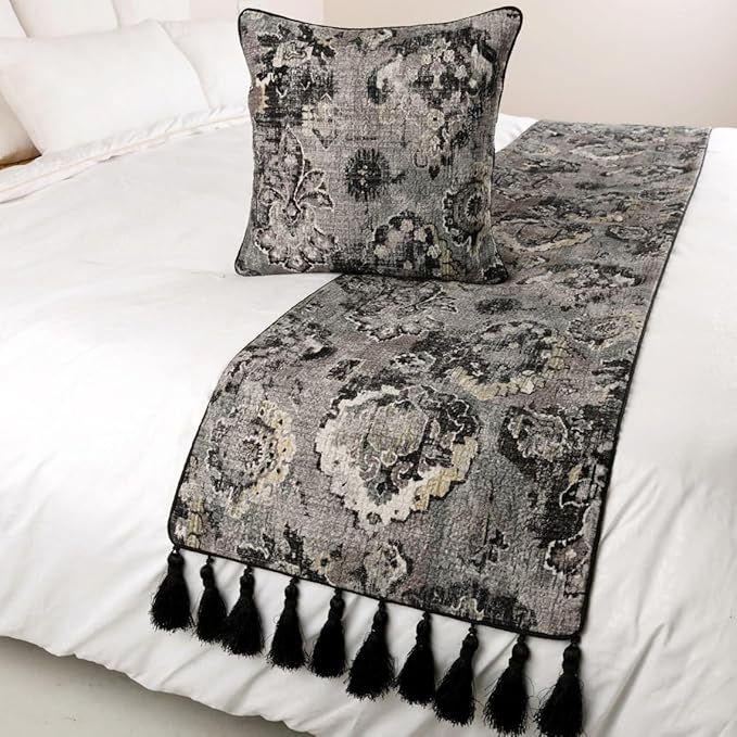 The HomeCentric Decorative Black & Grey CA King 86 x 18 inch Bed Runner with 2 Matching Pillow Cover, Velvet Damask with Tassels Bed Scarf, Abstract Modern - Paved Damask