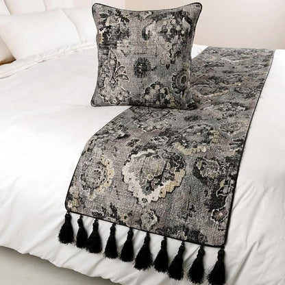 The HomeCentric Decorative Black & Grey CA King 86 x 18 inch Bed Runner with 2 Matching Pillow Cover, Velvet Damask with Tassels Bed Scarf, Abstract Modern - Paved Damask