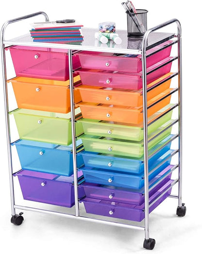 GOFLAME 15-Drawer Rolling Storage Cart, Multipurpose Movable Organizer Cart, Utility Cart for Home, Office, School, Rainbow