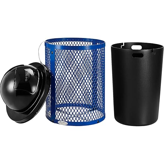 Global Industrial 36 Gallon Outdoor Steel Trash Can with Dome Lid, Plastic Liner and Anchor Kit Included, 23-1/2" Diameter x 40" H, Powder Coat Finish, Unassembled, Blue
