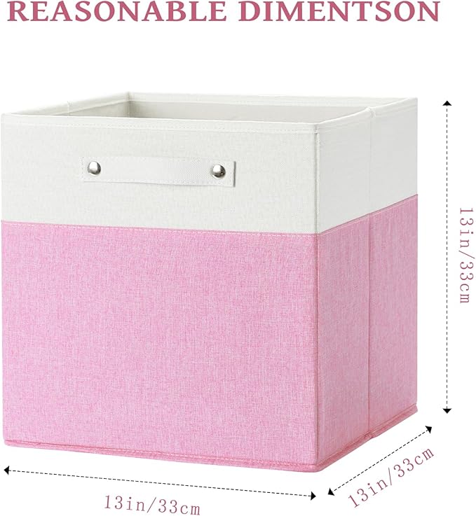 13 x 13 Inch Fine Linen Storage Bins with Handles，Fabric Cube Boxs，Collapsible Basket Organizers for Shelves for Home, Closet Drawers (White/Pink-4 Pack)
