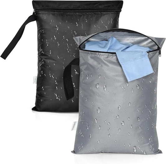 OTraki 2PCS Waterproof Bag for Swimsuit 12x16 inch Wet Dry Bags With Portable Handle & Zipper Reusable Travel Wet Clothes Gym Bag Storage for Beach/Pool/Swimming, Black&Grey