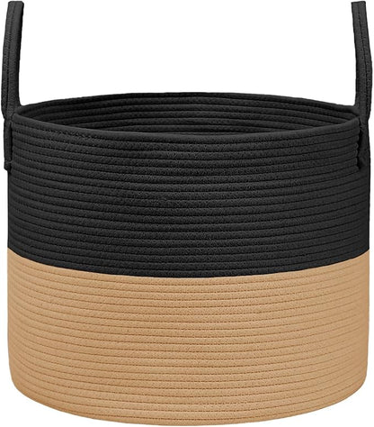 Woven Blanket Basket,65L Large Rope Storage Bin with Handles, Organizer for Blankets Toys Book and Clothes, Laundry Basket for Living Room Bedroom Nursery,Black&Jute