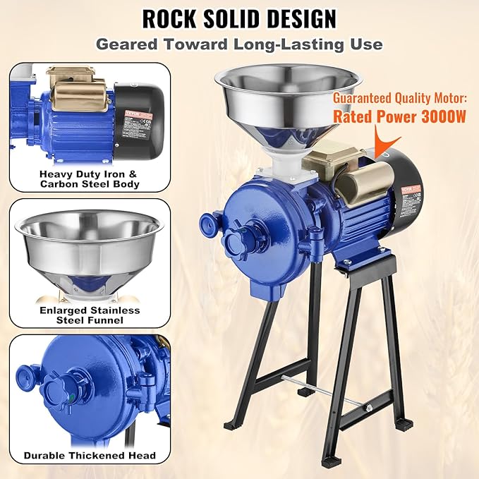 VEVOR Electric Grain Mill Grinder, 3000W Spice Grinders, Commercial Corn Mill with Funnel, Thickness Adjustable Powder Machine, Heavy Duty Feed Flour Cereal Mill Wheat Grinders, Dry Grinder