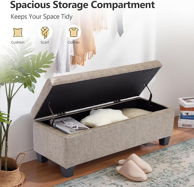 Faux Leather Ottoman with Storage, 42 Inch Rectangular Storage Ottoman Bench with Safety Hinged Lid, Large Upholstered End of Bench for Bedroom Entryway Living Room, Grey