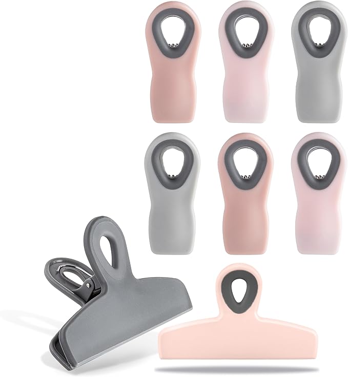 COOK WITH COLOR Bag Clips - Heavy Duty Chip Clip and Refrigerator Magnet Clips for Food Storage with Air Tight Seal Grip, Pink and Grey, Pack of 8