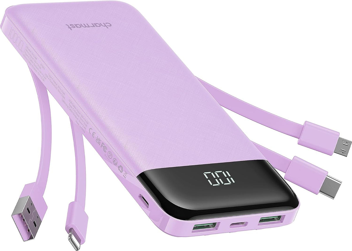 charmast Portable Charger with Built in Cables, Power Bank with Cords Wires, Slim 10000mAh Travel Battery Pack 6 Outputs 3 Inputs 3A Fast Charging for Samsung Google Pixel LG Moto iPhone iPad