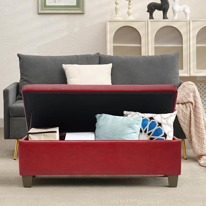 Faux Leather Ottoman with Storage, Rectangular Extra Long Storage Bench for Bedroom and Living Room, Midnight Red