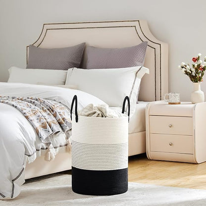 VIPOSCO Large Laundry Hamper, Tall Woven Rope Storage Basket for Blanket, Toys, Dirty Clothes in Living Room, Bathroom, Bedroom - 58L White & Black