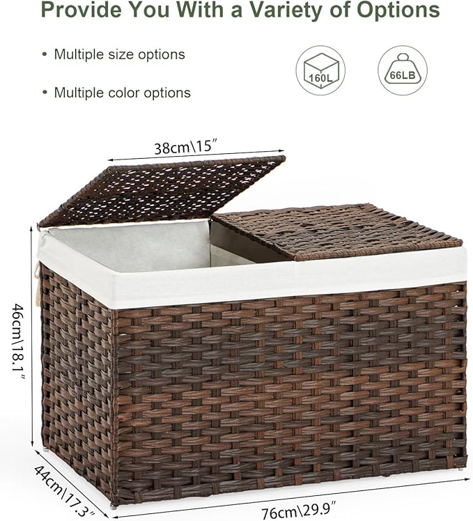 Storage Basket with Lid Wicker Baskets for Storage with 2 Separate Lid 42.3 Gallon (160 L) 29.9 x 17.3 x 18.1 Inches Rattan Woven Large Wicker Basket with 2 Liners for Bedroom Laundry Brown