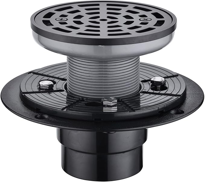 RANDOM Round Shower Drain Kit Matte Black with Adjustable Base Flange,4 Inch Shower Drain Cover with Threaded Adapter,Removable Invisible Look 304 Stainless Steel