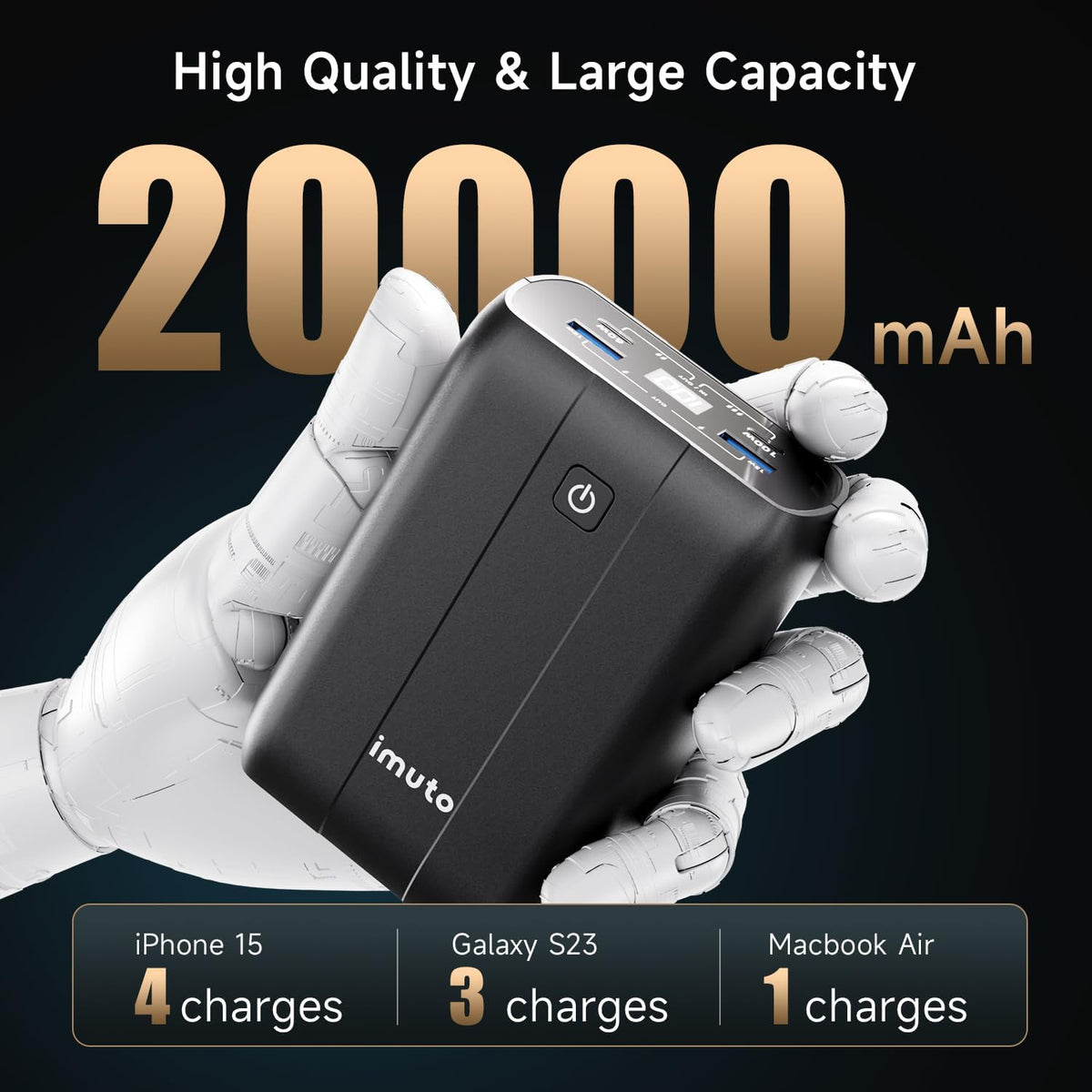 imuto 100w Power Bank, 20000mAh 4-Output Laptop Portable Charger,Fast Charging USB C PD3.0 External Battery Pack for Laptop MacBook Dell XPS iPad Tablet Steam Deck iPhone 16 15 14 Pro Samsung S22 etc