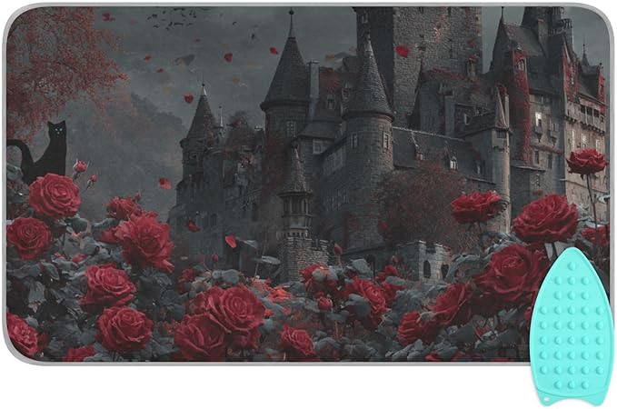 Castle Bats Rose Halloween Ironing Mat for Table top Portable Ironing Pad Blanket for Washer Dryer Countertop Travel