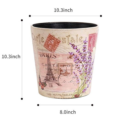 PU Leather Small Trash Can Wastebasket, Round Garbage Container Basket for Bathrooms, Laundry Room, Kitchens, Offices, Kids Rooms, Bedrooms,Dorms,Home Decorative Art Bin, 2.9 Gallon(Lavender Design)