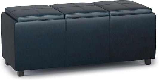 SIMPLIHOME Avalon 42 inch Wide Contemporary Rectangle Storage Ottoman in Distressed Dark Blue Vegan Faux Leather, Assembled, for the Living Room, Entryway and Family Room