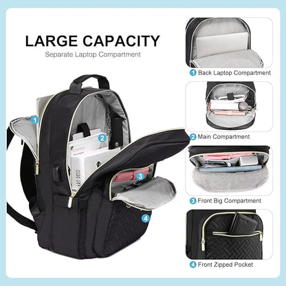 LOVEVOOK Laptop Backpack for Women, Stylish Quilted Backpacks Purse for Business Work Travel, Computer Bags Bag, with USB Port fits 15.6-inch Laptop, Black