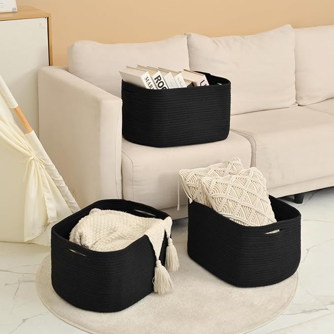 Large Storage Baskets for Organizing Shelves, Woven Cotton Rope Bins for Baby Nursery Organization, Book Toy Towel Organizer, 17"x13"x9.5", 3 Packs, Black