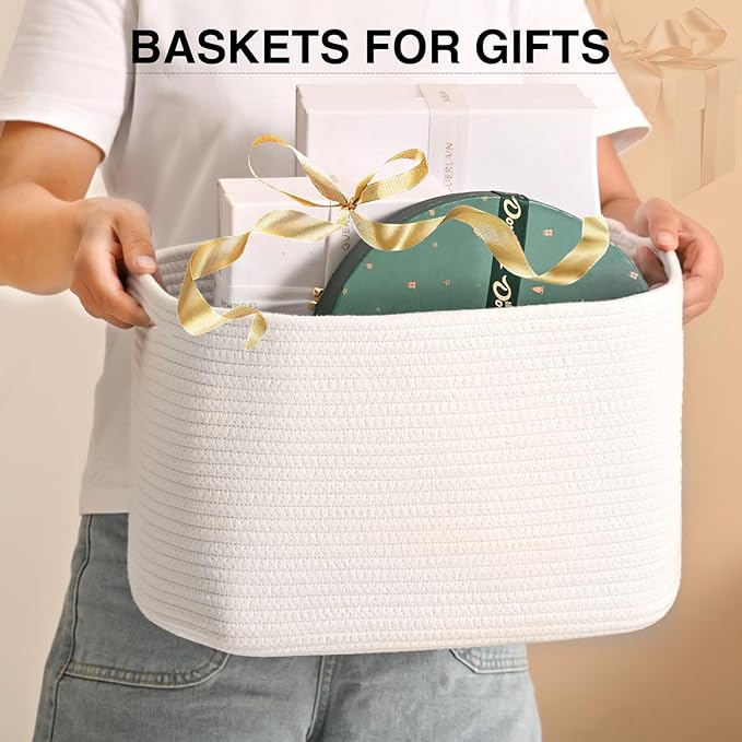 Woven Cotton Rope Storage Basket for Organizing, Cute Decorative Baskets for Gifts Empty, Organizer Bins for Dog Toy, Baby Laundry, 17“×13”×9.5“, Off White