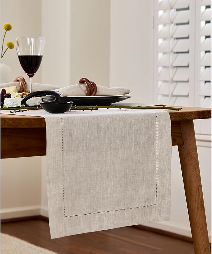 Solino Home Linen Hemstitch Table Runner 120 Inches Long - 100% Pure Linen Light Natural Table Runner 14 x 120 Inch - Classic Hemstitch