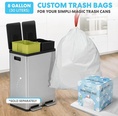 Simpli-Magic 18.5 Gallon (40L x 30L) Dual Compartment Step Trash Can – Kitchen Garbage Can with Waste & Recycling Bins – Slow-Close Lid, Odor Control, Hands-Free, Stainless Steel