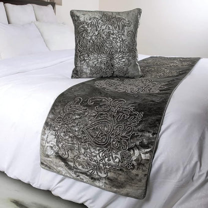 The HomeCentric Decorative Designer Handmade Bed Runner without Pillow Cover, 86 x 18 Inch Damask Designer CA King Size Bed Scarf in Foil Velvet and Embroidery Bed Linen Foot Warmer Home - Foil Damask