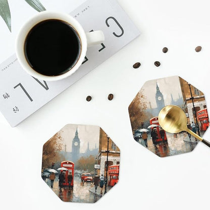 4Pcs Leather Coaster for Drinks London Impression Cup Coasters Aesthetic Drink