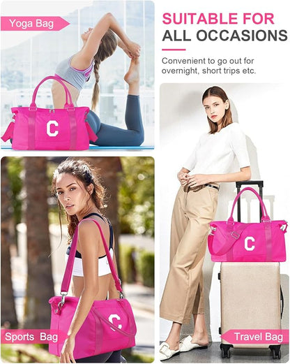 Overnight Bag for Kids Teen Girls Weekender Dance Bag Birthday Graduation Gifts,Initial Travel Duffel Bag Sports Gym Bag Personalized Weekender Bag Carry On Bags Preppy Gifts for Women(Hot Pink, C)