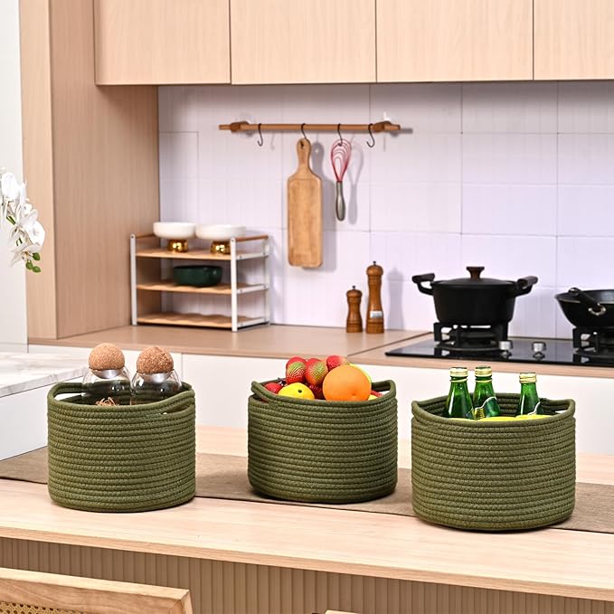 Small Storage Baskets for Organizing, Organizer Baskets for Shelves, Green Woven Basket for Storage Decor, Small Decorative Cotton Rope Basket, 9.7"×9.7"×7" (3 Packs) Green