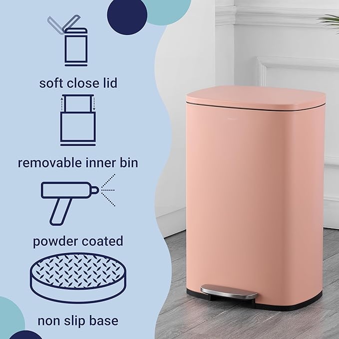 happimess HPM1006G Connor Rectangular 13-Gallon Trash Can with Soft-Close Lid and Free Mini Trash Can, Fingerprint Resistant, Modern, Minimalistic for Home, Kitchen, Office, Bathroom, Flamingo Pink