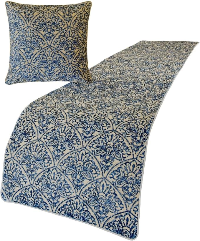The HomeCentric King/Queen/Twin Blue Decorative Twin 53"x18" Bed Runner Without Pillow Cover, Embroidery, Quilted Bed Scarf on Cotton Fabric - Farzeen Blue