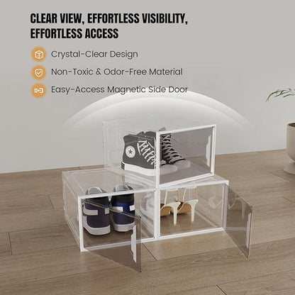 X-Large Stackable Shoe Boxes - Clear Plastic Shoe Storage Boxes with Magnetic Door, Thicken Shoe Organizer for Closet, Space Saving Foldable Shoe Containers Bins for Sneaker Boot - 6 Pack(White)
