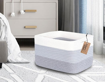COMFY-HOMI 3PACK Cotton Rope Woven Basket With Handles for Shelves, Toy, Book, Cloth Storage Basket for Organizing|13.5" x 11" x 9.5" Decorative Nursery Cube Bin for Living Room（White / 3-Tone Grey）