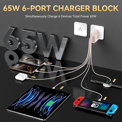 USB C Fast Charger Block, iPhone Charger Fast Charging Blocks 65W Multi Port Charger 6-Ports PD & QC Charging Cube Brick Power Adapter Type C Wall Chargers for iPhone 17/16/15/14/13/12 Pro Max, iPad