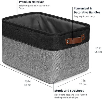 OrganiHaus Large Fabric Storage Baskets for Shelves 3 Pack | 15x11in Closet Storage Bins for Shelves | Clothes Storage Bins for Organizing | Linen Closet Organizers | Fabric Basket, Gray/Black