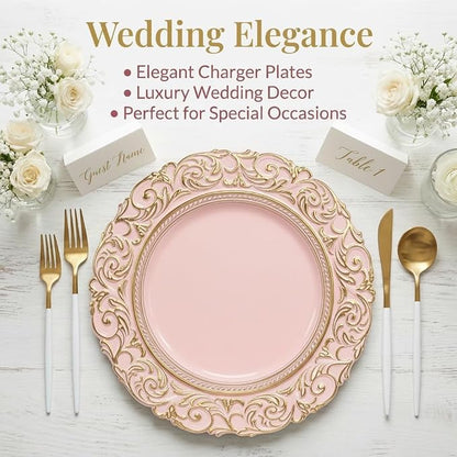 Pink Charger Plates with Gold Embossed Rim, Plate Chargers