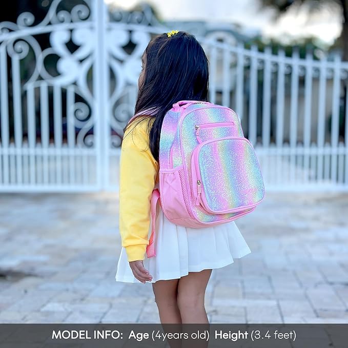 mibasies Toddler Backpack for Girls 2-4: Glitter Kids Backpacks for Girls - Preschool Kindergarten Backpack - Rainbow Pink